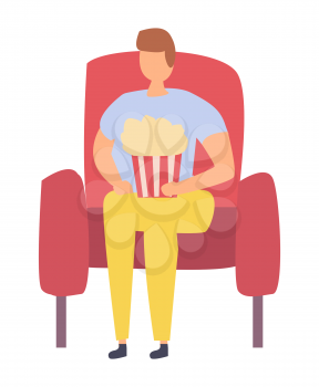 Man sitting on red armchair with popcorn isolated cartoon character. Vector movie seat and person with fastfood snack, male in cinema flat style design