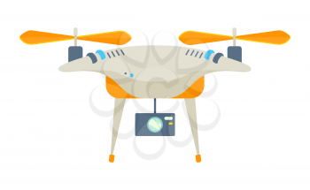 Quadcopter with video-camera, modern flying equipment with propeller. Wireless device or autopilot with camera, field control, security of harvest vector. Flat cartoon