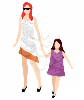 Mother and daughter in summer cloth walking together isolated cartoon characters. Vector people, mom and girl spend time together, flat style design. Flat cartoon