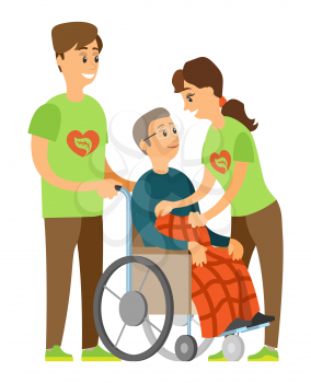 Man and woman volunteers caring to disabled senior, assistant straightening blanket, portrait view of volunteering people and handicapped pension vector. Flat cartoon
