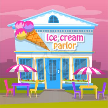 Ice cream parlor building selling dessert vector, sweet frozen cream flat style. Gelato house with place to sit and eat, tables and chairs with umbrellas. Flat cartoon
