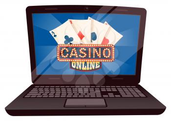 Casino online vector, isolated computer with screen showing playing cards. Gambling and betting money, earning or losing, luck and risk in poker win. Flat cartoon