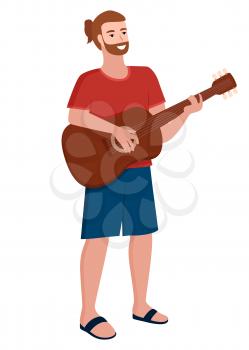 Guitar player vector, isolated man with musical instrument. Bearded male with hairstyle, hipster character flat style acoustic string wooden deck. Flat cartoon