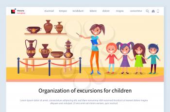 Children excursion vector, kids with teacher listening to facts and interesting info about ancient pots and amphoras with ornaments antiquity. Website or webpage template, landing page flat style