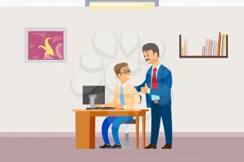 Boss in office, businessman supervisor with worker vector. Director praising programmer working on laptop, personal computer pc. Workplace interior. Flat cartoon