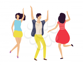 Dancer isolated on white, back and portrait view of moving girl and boy, man and woman full length, energetic crowd on concert or dance floor vector. Flat cartoon