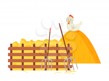 Farming atmosphere vector, farm with hayfork tool and hay bale flat style. Dried grass and wooden fence, chicken sitting on pile, pitchfork and instruments. Flat cartoon