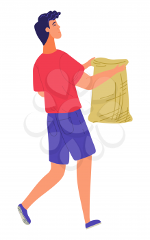 Man holding bag, agricultural worker carrying sack. Harvester with burlap, person going outdoor, rural element of decoration, harvesting occupation vector. Flat cartoon