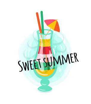 Colorful cocktail with umbrella and tubules, drink in design glass. Postcard sweet summer decorated by beverage in bright stripes, refreshment vector