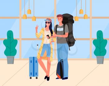 Young couple of tourists with luggage. Travelers with suitcase on wheel in airport or bus train station. Man with rucksack and woman wearing cap and sunglasses with camera vector. Flat cartoon