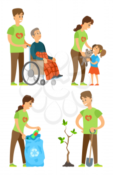 People volunteers set, man and woman activists seedling tree, cleaning plastic, helping disabled pensioner, sharing toy to orphan, volunteering vector. Flat cartoon