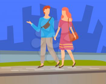 Happy couple walking together on background of skyscrapers, vector lovers on walk. Man and woman holding hands spend time together, cartoon style people. Flat cartoon