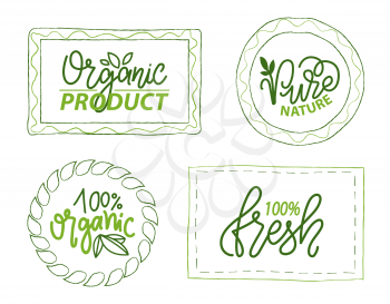 Ecological food vector, fresh ingredients 100 percent organic elements emblems with foliage and green floral decor. Logotypes vegetal logo set flat style