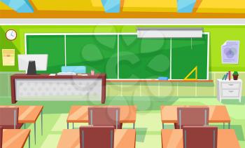 Teacher table and children desks vector, classroom interior with blackboard and supplies. School room 3d isometric style, rows of workplaces and chairs. Back to school concept. Flat cartoon