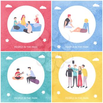 People in park vector, young man and woman having fun outdoors, friends playing cards sitting on mat blanket, male with guitar and songs, group selfie. Flat cartoon