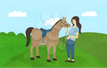 Forest nature vector, woman spending weekends with animals and natural park. Horse and female character touching mammal, mane or stallion flat style. Girl walking with brown horse. Flat cartoon