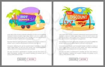 Hot summer big best sale and discount 30% off posters. Tropical beach, palm trees, smiling crab and cocktail, summertime webpage, shopping online vector. Flat cartoon