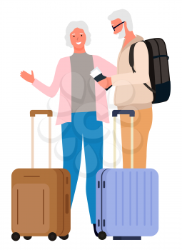 Elderly people traveling together vector, isolated old character man and woman. Couple with luggage and bags, documents passports for abroad travel. Flat cartoon