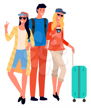 Group of tourists with luggage. Company of friends going on vacation together. Young travelers with suitcases on wheels and rucksack vector illustration. Flat cartoon