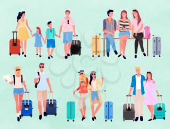 Traveling group family couple, people going on summer vacation. Cartoon characters, tourists and travelers with luggage, suitcases and bags vector. Group of young friends. Family weekend. Flat cartoon