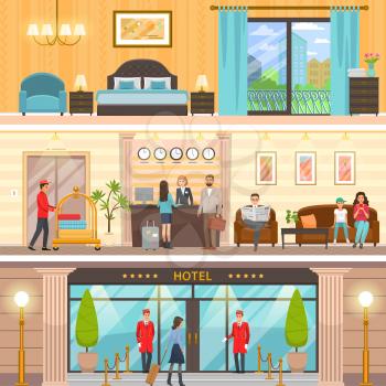 Luxurious hotel exterior, reception and room. Guards near front glass door, guests in comfortable lobby, cozy suite with view vector illustrations.