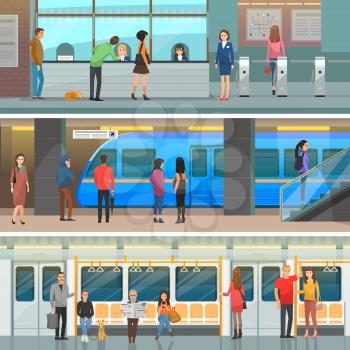 Subway wagon, modern station and entrance set. Automatic turnstiles, fast electric train, comfortable seats with passengers vector illustrations.