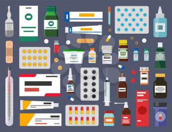 Packs of pills, healing ointments and syrup bottles. Sterile syringe, beige plaster,drops in containers, glass thermometer vector illustrations set.
