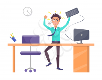 Businessman throwing keyboard, filled with anger and irritation, office working day and aggressive worker at workplace isolated on vector illustration