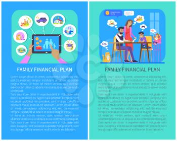 Family financial plan posters, father signing paper, mother and children thinking of wishes to buy food, candies or get gamepad vector illustration