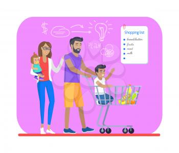Shopping list and plan for young cheerful family, vector illustration of happy relatives that going to market with big basket for different purchases