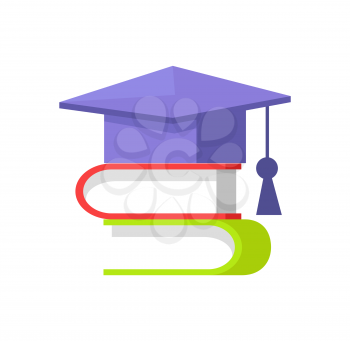Books and students cap, graduation of person, acquiring level allowing to to cope with professional tasks of innovative character vector illustration