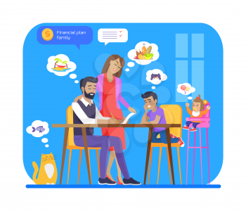 Financial family plan poster father signing documents and mother looking at papers, members having different thoughts, desire bubbles vector illustration