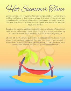 Hot summer time yellow poster with hammock for relaxation in shade. Coconut palm trees and seashore washed by sea ocean water vector illustration