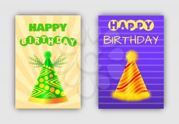 Glowing happy birthday postcards with holiday hats, vector illustration collection of caps templates on posters, creative anniversary and bday banners