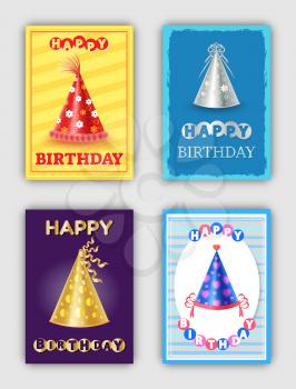 Happy Birthday posters set of hats for party and celebrations. Paper b-day fest caps isolated on banners, set of colorful patterns decorative elements