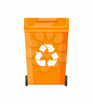 Bright plastic rubbish bin with recycling sign. Container for litter in orange color. Device that contain garbage isolated flat vector illustration.