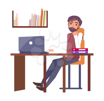 Man in office at workplace typing on computer and dreaming about rest. Male sitting at table on chair, entrepreneur worker, folders on desk isolated