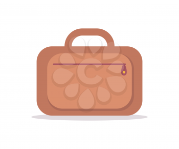 Capacious bag with handle and zipper to travel. Full baggage ready for departure. Brown container, heavy luggage isolated cartoon flat vector illustration.