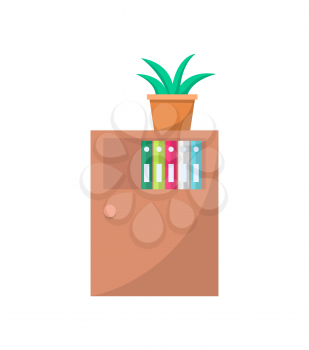 Cabinet with door, cupboard with drawers or shelves for storing or displaying folders. Green plant in pot above the furniture, vector isolated on white