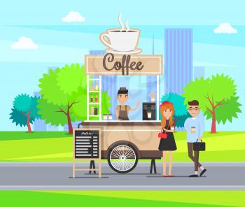 Coffee mobile shop with seller in cart on wheels, two buyers drinking hot beverage, menu list. Trolley with cup on background of skyscrapers in city park