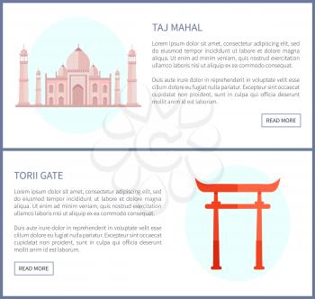 Taj Mahal and Torii Gate, landmarks of Asia on web pages with headlines, text sample about places, sightseeing for tourists, set vector illustration