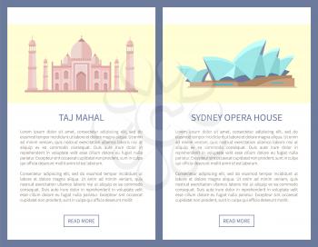 Taj Mahal, sacred palace in India and Sydney Opera House with modern architecture in Australia, text of web pages collection, vector illustration