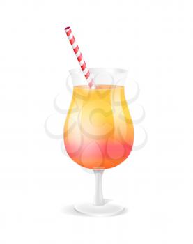 Cocktail in glass with straw with striped print. Alcoholic beverage isolated icon vector. Liquor with juice tropical liquid used to drink on parties