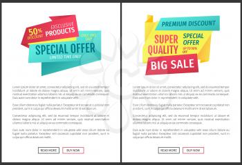 Special offer and big sale limited time only. Promotional discount posters with text sample set. Guarantee from shop to get price reduction vector