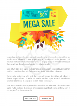 Mega sale offer discount poster with text sample and banner decorated with leaves. Fall autumn proposition clearance sellout proffer buy now vector