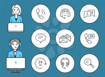 Support service male and female isolated icons set vector. Working man and woman wearing headphones, chatting and messages receiving, magnifying glass