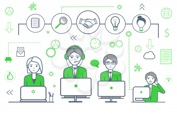 Male and smart team, teamwork isolated icons and people with laptops vector. Handshake and lightbulb, woman profile and messages, cogwheel and cloud