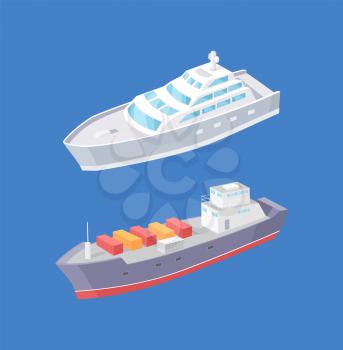 Cargo ship and passenger liner marine vessels vector icons isolated. Transportation boat full of containers export goods, shipping and delivering by water