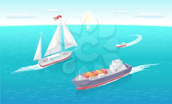 Cargo ship leaves trace in sea or ocean, marine commercial vessel. Modern yachts at seascape. Transportation boat full of containers export goods