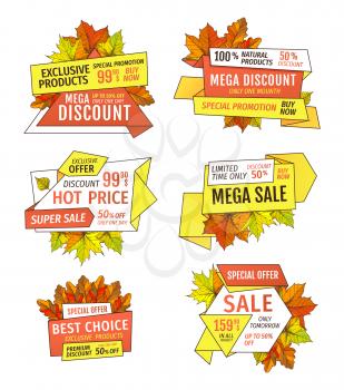Special offer sale price tags up to fifty percent discount. Promo advertisement autumn labels with orange and yellow leaves isolated vector icons